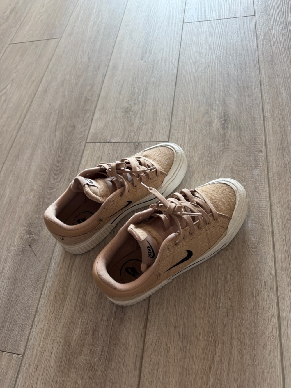 Nike Tan Suede Low-Top Sneakers with Black Swoosh and Cream Sole
